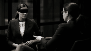 a hiring manager wears a blindfold while interviewing candidates as part of a blind recruitment process